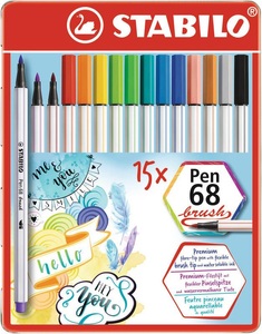 Stabilo, STABILO - Fasermaler mit Pinselspitze Pen 68 brush - 15er Etui Metall, STABILO Fasermaler Pen 68 Brush 568/15-32 ass. 15 Stück Metalletui