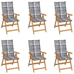 vidaXL, vidaXL Gartenstühle 6 Stk. Graue Karomuster-Kissen Massivholz Teak, vidaXL Gartenstühle 6 Stk. Graue Karomuster-Kissen Massivholz Teak