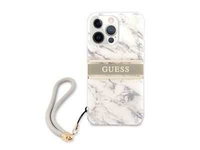 Guess, Guess - iPhone 13 Pro Hardcase Hülle Marble Strap (GUHCP13LKMABGR) - Weiss / Grau