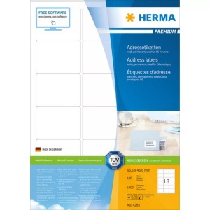 HERMA, HERMA Adressetiketten A4 weiss 63,5x46,6 mm Papier 1800 St., HERMA Adressetiketten 4265 A4 Weiss, 100 Blatt
