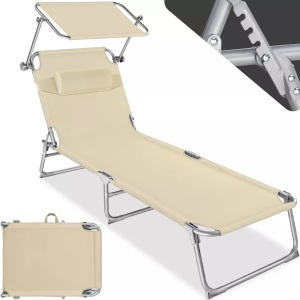TecTake, Gartenliege 4-stufig mit Kopfpolster Gartenliege 4-stufig mit Kopfpolster, Tectake - Gartenliege stufenlos verstellbares Sonnendach, 190cm, Beige