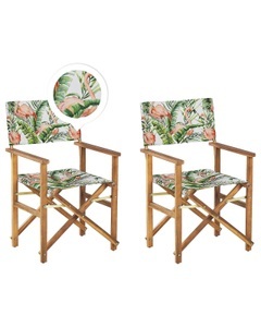 Beliani, Beliani Gartenstuhl Akazienholz hellbraun Textil cremeweiss / bunt Flamingomuster 2er Set CINE, Beliani - Gartenstuhl 2er Set aus Polyester Modern CINE, One Size, Grün
