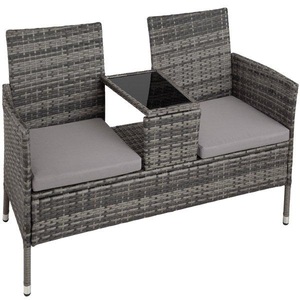 TecTake, Rattan Gartensitzbank mit Tisch Rattan Gartensitzbank mit Tisch, Tectake - Rattan Gartensitzbank mit Tisch, 2 Stück, Spacegrau