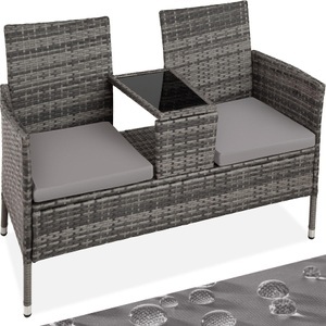 TecTake, Rattan Gartensitzbank mit Tisch Rattan Gartensitzbank mit Tisch, Tectake - Rattan Gartensitzbank mit Tisch, 2 Stück, Spacegrau