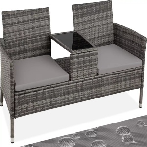 TecTake, Rattan Gartensitzbank mit Tisch Rattan Gartensitzbank mit Tisch, Tectake - Rattan Gartensitzbank mit Tisch, 2 Stück, Spacegrau
