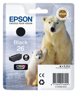 Epson, Original Tintenpatrone schwarz Epson No. 26 bk, T2601, Epson E26bk Druckerpatronen bk - Epson No. 26 bk, C13T26014010 für z.B. Epson Expression Premium XP -510, Epson Expression Premium XP -520