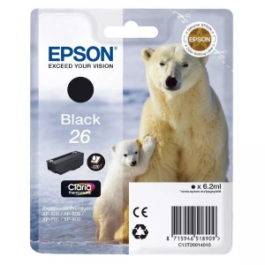 Epson, Original Tintenpatrone schwarz Epson No. 26 bk, T2601, Epson E26bk Druckerpatronen bk - Epson No. 26 bk, C13T26014010 für z.B. Epson Expression Premium XP -510, Epson Expression Premium XP -520