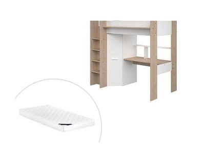 Vente-unique, Hochbett mit Schreibtisch & Kleiderschrank + Matratze - 90 x 200 cm - Weiß & Naturfarben - AUCKLAND Hochbett mit Schreibtisch & Kleiderschrank + Matratze - 90 x 200 cm - Weiß & Naturfarben - AUCKLAND, 