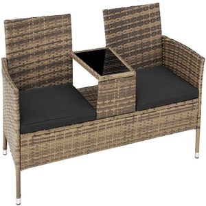 TecTake, Rattan Gartensitzbank mit Tisch Rattan Gartensitzbank mit Tisch, Tectake - Rattan Gartensitzbank mit Tisch, 2 Stück, Gewittergrau