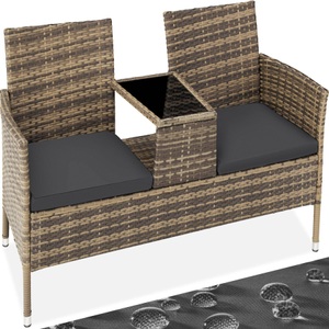 TecTake, Rattan Gartensitzbank mit Tisch Rattan Gartensitzbank mit Tisch, Tectake - Rattan Gartensitzbank mit Tisch, 2 Stück, Gewittergrau