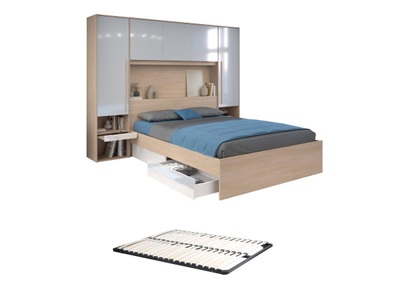 Vente-unique, Bett mit Stauraum 160 x 200 cm mit LED-Beleuchtung + Lattenrost - Holzfarben & glänzend  - VELONA Bett mit Stauraum 160 x 200 cm mit LED-Beleuchtung + Lattenrost - Holzfarben & glänzend  - VELONA