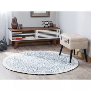 Beliani, Beliani Outdoor Teppich blau/weiss ø140 cm zweiseitig YALAK, Beliani - Teppich aus Kunststoff Retro YALAK, 140 cm, Blau Bunt