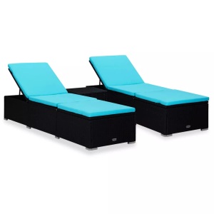 vidaXL, vidaXL 3-tlg. Garten-Sonnenliegen mit Teetisch Poly Rattan Schwarz, VidaXL - Sonnenliege poly-rattan, One Size, Schwarz