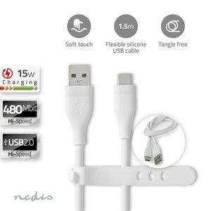 USB-Kabel | USB 2.0 | USB-A Stecker | USB-C? Stecker | 15 W | 480 Mbps | Vernickelt | 1,50 m | Rund | Silikon | Weiß | Box