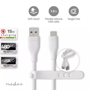Nedis, USB-Kabel | USB 2.0 | USB-A Stecker | USB-C? Stecker | 15 W | 480 Mbps | Vernickelt | 1,50 m | Rund | Silikon | Weiß | Box
