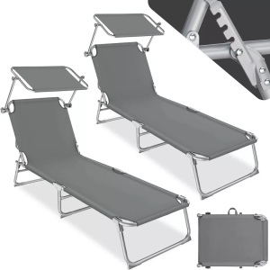 TecTake, 2 Gartenliegen 4-stufig 2 Gartenliegen 4-stufig, Tectake - 2er Set Gartenliege stufenlos verstellbares Sonnendach, 190cm, Grau