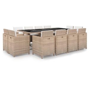 Diverse Hardware, 13-tlg. Garten-Essgruppe mit Auflagen Poly Rattan Beige