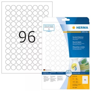 HERMA, HERMA Etiketten A4 weiss 20 mm rund ablösb. Papier 2400 St., Herma ablösbare Etiketten Nr. 4386, rund, Ø 20 mm, selbstklebend, bedruckbar, Papier, weiss, 2400 Stück auf 25 Blatt