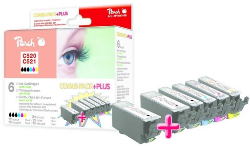 Peach, Peach Spar Pack Plus Tintenpatronen, XL-Ergiebigkeit, kompatibel zu Canon CLI-521, 2xPGI-520, Peach Tintenset Canon PGI-520XL / CLI-521XL BK, C, M, Y