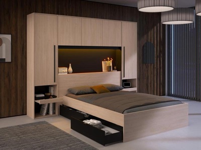Vente-unique, Bett mit Stauraum & LEDs - 160 x 200 cm - Naturfarben & Schwarz - VELONA Bett mit Stauraum & LEDs - 160 x 200 cm - Naturfarben & Schwarz - VELONA