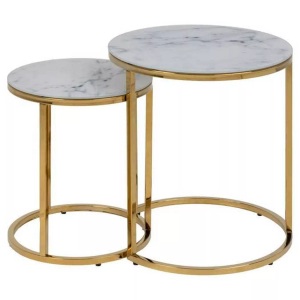 mutoni scandi, Set mit 2 Tischen Romandie Rund Milchglas Marmor Print Weiss 6 mm Golden Chro..., AC Design Beistelltisch »Alisma 2 Stück rund Goldfarben/Weiss«