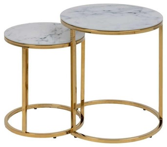 mutoni scandi, Set mit 2 Tischen Romandie Rund Milchglas Marmor Print Weiss 6 mm Golden Chro..., AC Design Beistelltisch »Alisma 2 Stück rund Goldfarben/Weiss«