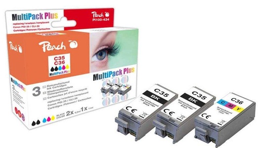 Peach, Peach Spar Pack Plus Tintenpatronen kompatibel zu Canon PGI-35, 1509B001*2, CLI-36, 1511B001, Peach C35 BK 3 Druckerpatronen (2*bk, col) ersetzt Canon PGI-35BK, CLI-36C, 1509B001*2, 1511B001 für z.B. Canon Pixma IP 100, Canon Pixma IP 100 V