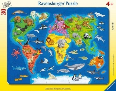 Ravensburger, RAVENSBURGER Puzzle 30 Teile Weltkarte mit Tieren, Rahmenpuzzle Weltkarte mit Tieren 30-teilig