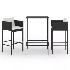 vidaXL, vidaXL 3-tlg. Gartenbar-Set mit Kissen Poly Rattan Schwarz, vidaXL 3-tlg. Gartenbar-Set mit Kissen Poly Rattan Schwarz