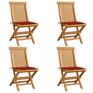 vidaXL, vidaXL Gartenstühle mit Roten Kissen 4 Stk. Teak Massivholz, vidaXL Gartenstühle mit Roten Kissen 4 Stk. Teak Massivholz