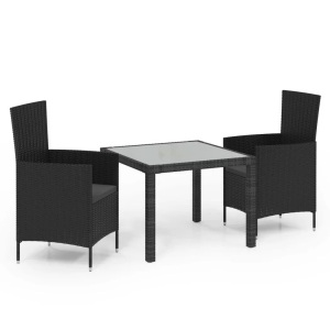 vidaXL, vidaXL 3-tlg. Garten-Essgruppe mit Auflagen Poly Rattan Schwarz, vidaXL 3-tlg. Garten-Essgruppe mit Auflagen Poly Rattan Schwarz
