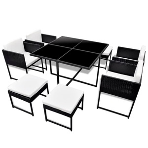 Diverse Hardware, 9-tlg. Garten-Essgruppe mit Auflagen Poly Rattan Schwarz