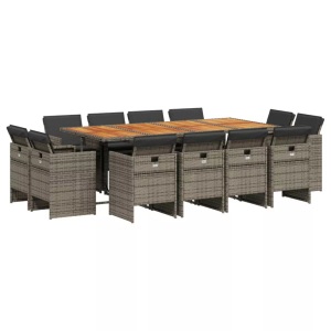 vidaXL, vidaXL 13-tlg. Garten-Essgruppe mit Kissen Grau Poly Rattan