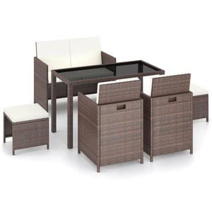 Diverse Hardware, 6-tlg. Garten-Essgruppe mit Auflagen Poly Rattan Braun