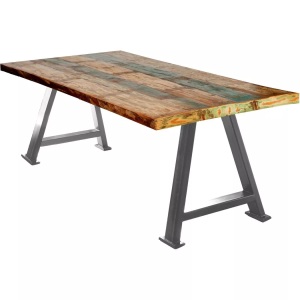 mutoni design, Tisch 220x100 cm - Altholz bunt - Metall antiksilbern, Massivholztisch 220x100 - Altholz lackiert bunt - Metall antiksilber
