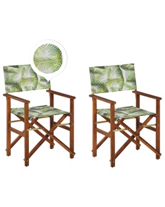 Beliani, Beliani Gartenstuhl Akazienholz dunkelbraun Textil grau / hellgrün Palmenmotiv 2er Set CINE, Beliani - Gartenstuhl 2er Set aus Polyester Modern CINE, One Size, Grün Bedruckt