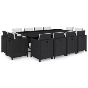 Diverse Hardware, 13-tlg. Garten-Essgruppe mit Auflagen Poly Rattan Schwarz