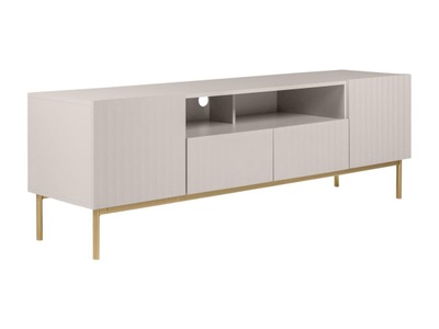 Vente-unique, TV-Möbel - 2 Türen, 2 Schubladen und 2 Ablagefächer - MDF und Stahl - Beige und Goldfarben - EVILANA TV-Möbel - 2 Türen, 2 Schubladen und 2 Ablagefächer - MDF und Stahl - Beige und Goldfarben - EVILANA, 