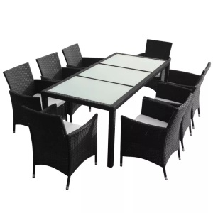 Diverse Hardware, 9-tlg. Garten-Essgruppe mit Auflagen Poly Rattan Schwarz