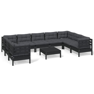 vidaXL, vidaXL 10-tlg. Garten-Lounge-Set mit Kissen Schwarz Kiefernholz, vidaXL 10-tlg. Garten-Lounge-Set mit Kissen Schwarz Kiefernholz