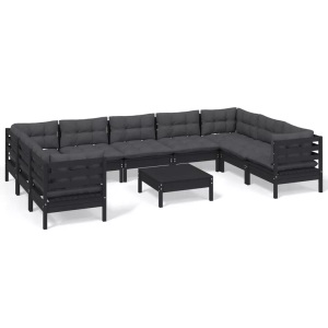 vidaXL, vidaXL 10-tlg. Garten-Lounge-Set mit Kissen Schwarz Kiefernholz, vidaXL 10-tlg. Garten-Lounge-Set mit Kissen Schwarz Kiefernholz