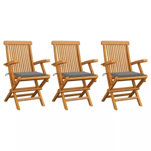 vidaXL, vidaXL Gartenstühle mit Grauen Kissen 3 Stk. Massivholz Teak, vidaXL Gartenstühle mit Grauen Kissen 3 Stk. Massivholz Teak
