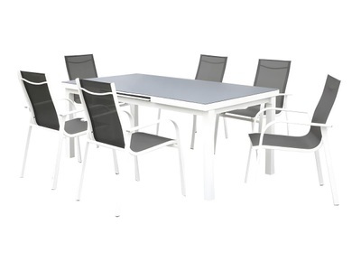 Vente-unique, Garten Essgruppe LINOSA - Aluminium - 6 Stühle und ein ausziehbarer Tisch - Grau & Weiß Garten Essgruppe LINOSA - Aluminium - 6 Stühle und ein ausziehbarer Tisch - Grau & Weiß, 