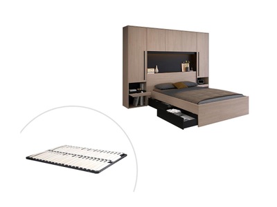 Vente-unique, Bett mit Stauraum & LEDs + Lattenrost - 140 x 190 cm - Naturfarben & Schwarz - VELONA Bett mit Stauraum & LEDs + Lattenrost - 140 x 190 cm - Naturfarben & Schwarz - VELONA