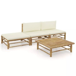 vidaXL, vidaXL 4-tlg. Garten-Lounge-Set mit Cremeweißen Kissen Bambus, vidaXL 4-tlg. Garten-Lounge-Set mit Cremeweißen Kissen Bambus