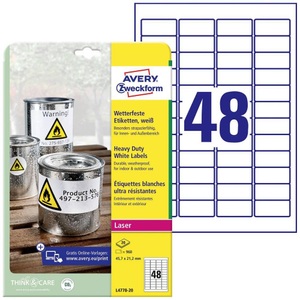 Avery Zweckform, Avery-Zweckform L4778-20 Etiketten 45.7 x 21.2 mm Polyester-Folie Weiß 960 St. Permanent Universal-Etiketten,, Avery Zweckform Etiketten, 45,7mm x 21,2mm, Folie, wetterfest, L4778-20