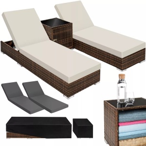 TecTake, 2 Aluminium Polyrattan Sonnenliegen + Tisch mit Schutzhülle 2 Aluminium Polyrattan Sonnenliegen + Tisch mit Schutzhülle, Tectake - 2 Aluminium Polyrattan Sonnenliegen + Tisch mit Schutzhülle, One Size, Braun Bedruckt