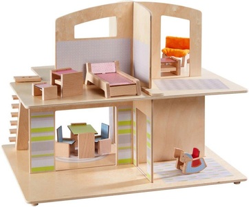 undefined, Little Friends Puppenhaus Stadtvilla - 1 Puppenhaus, 1 Treppe, 1 Bettchen, 1 Spieltisch mit Hocker, 1 Schaukelpferd, 1 Esszimmertisch mit 2 Stühlen, 1 Couchtisch mit 2 Sesseln, 2 Fixierplättchen, HABA Little Friends - Puppenhaus Stadtvilla