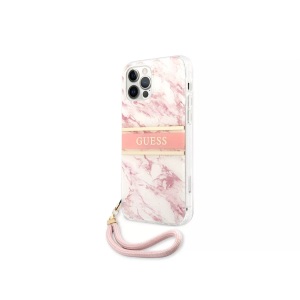 Guess, Guess - iPhone 12 / 12 Pro Hardcase Hülle Marble Strap (GUHCP12MKMABPI) - Weiss / Rosa, Guess - Hülle iPhone 12 / Pro Marble Strap, Rosa