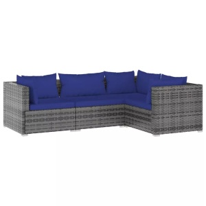 vidaXL, vidaXL 4-tlg. Garten-Lounge-Set mit Kissen Poly Rattan Grau, vidaXL 4-tlg. Garten-Lounge-Set mit Kissen Poly Rattan Grau